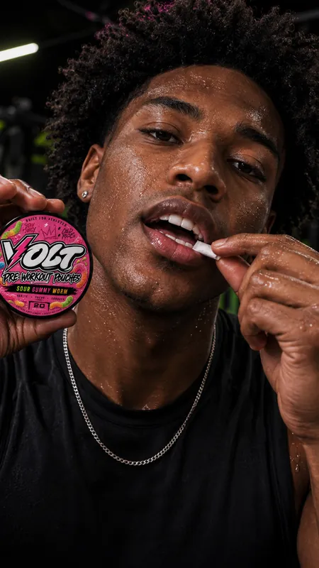 Athlete using a VOLT pre-workout pouch mid-session